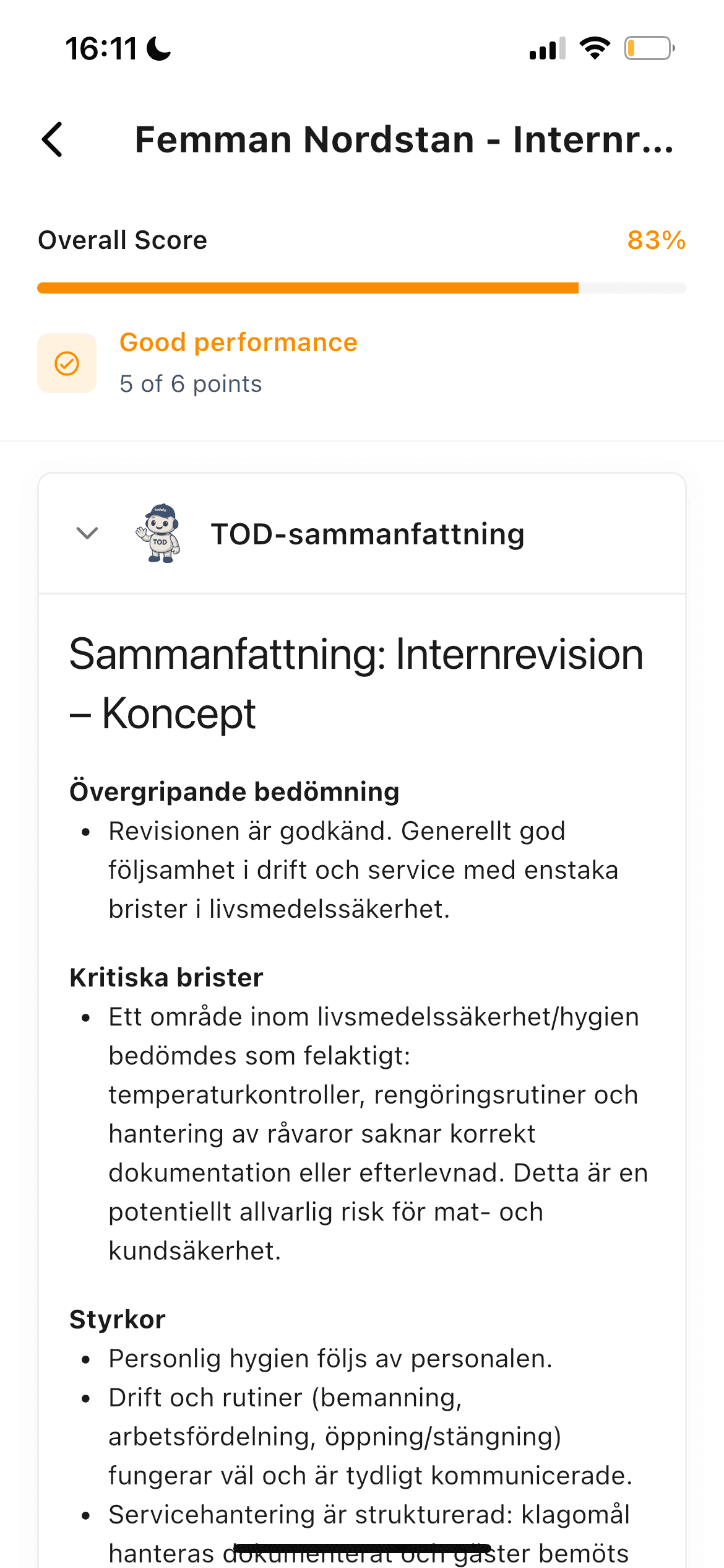 Audit summary and Tod AI insights in Todolo